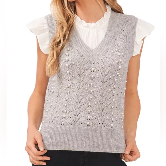 CeCe Women's V-Neck Imitation Pearl Detail Cable Vest Sweater Size Medium - Picture 1 of 11